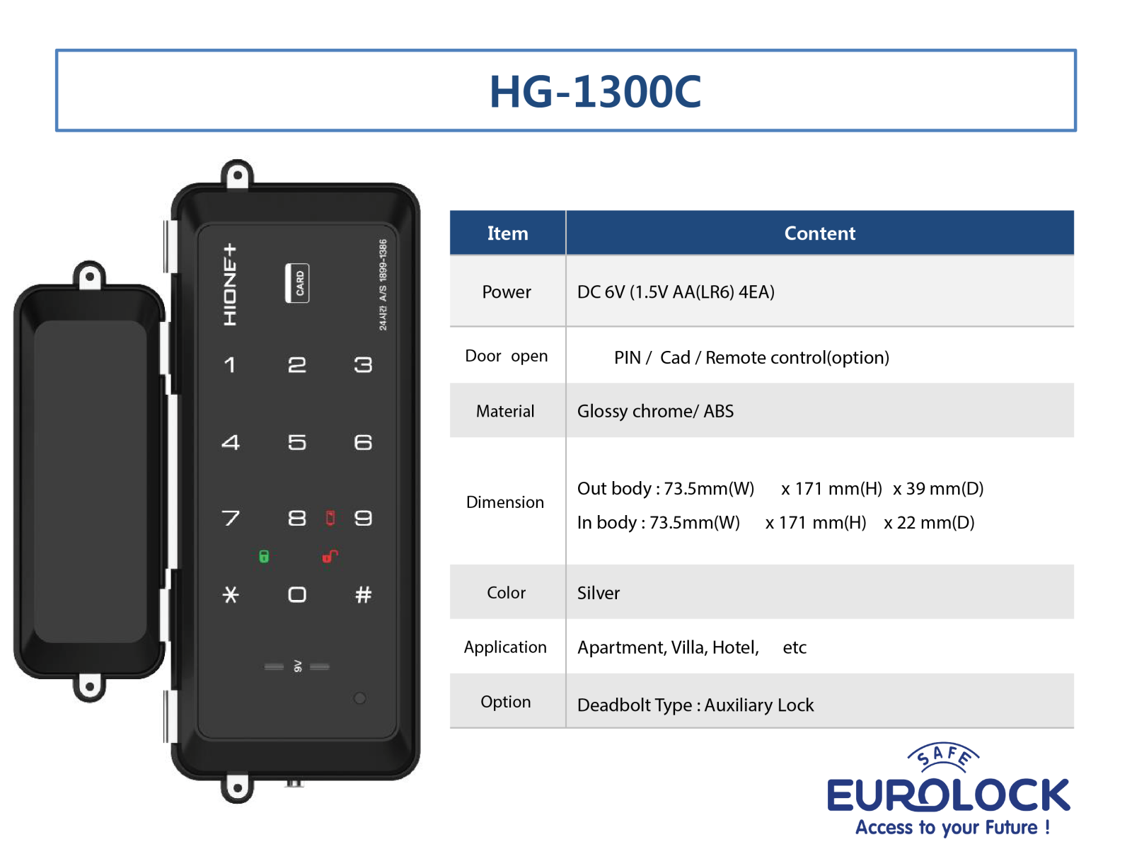 Khóa thẻ từ cửa kính Hione HG-1300C Khóa thẻ từ cửa kính Hione HG-1300C