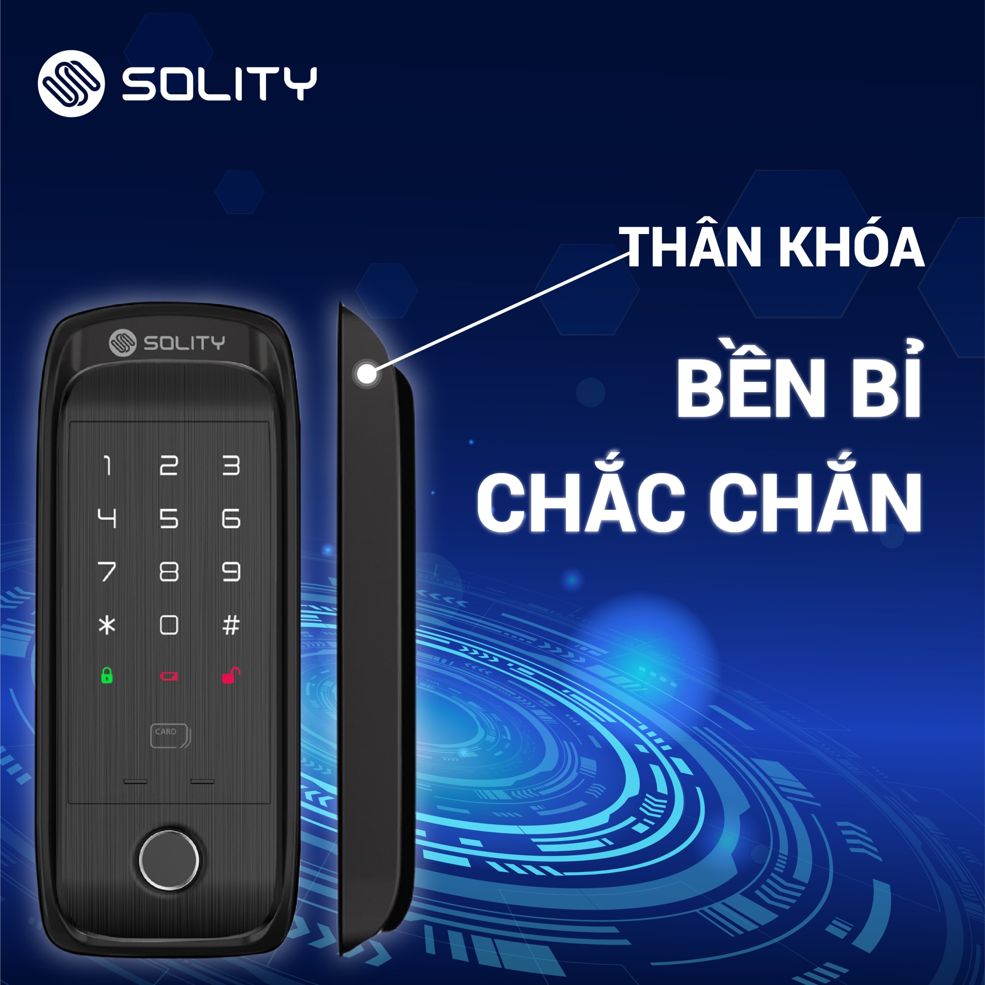 Khoá điện tử Solity GD-60B cấu tạo thân khoá chắc chắn, an toàn