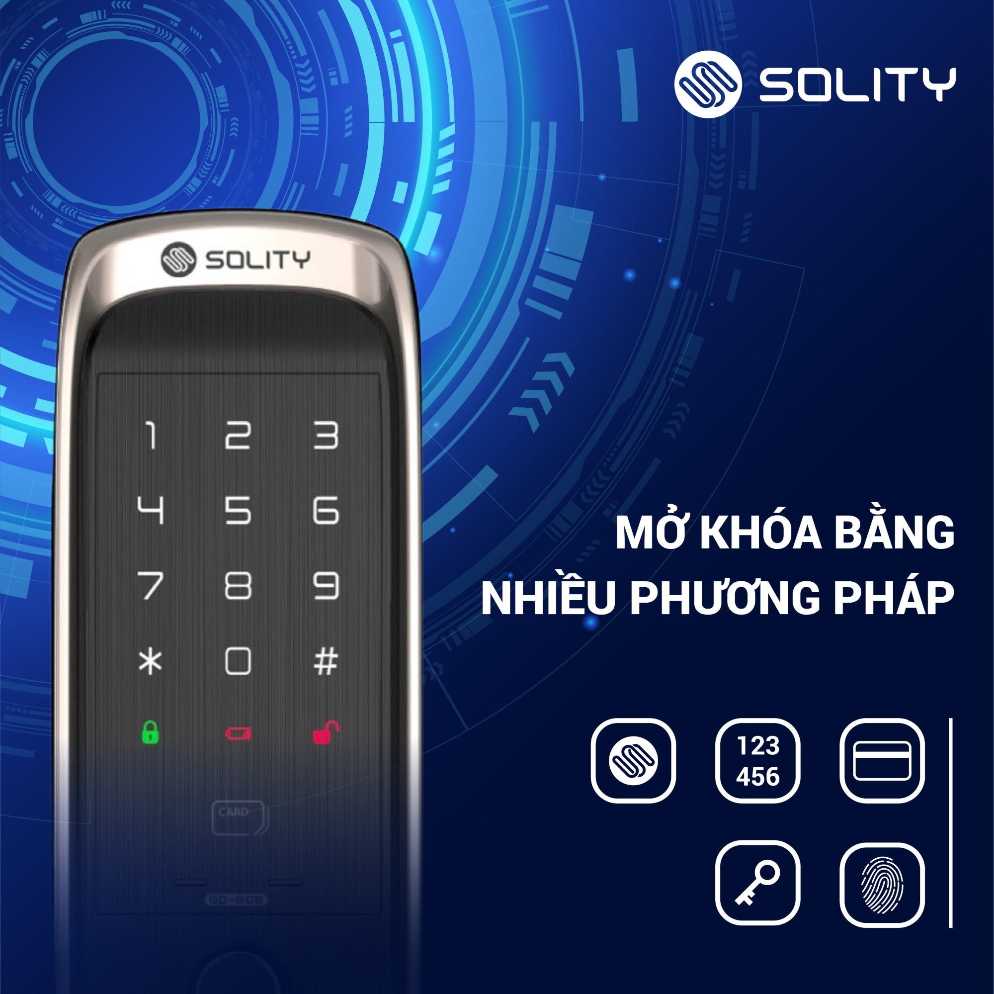 Khoá điện tử Solity GD-60B mở khoá bằng nhiều cách khác nhau